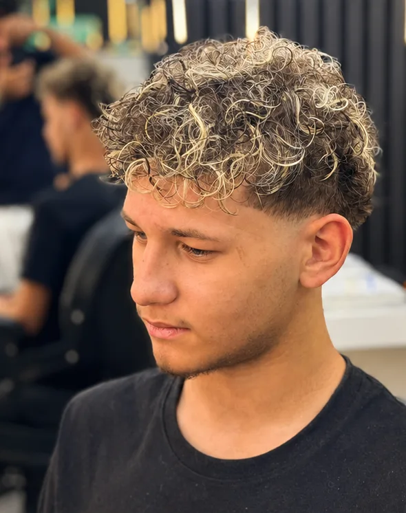 Locken mit Strähnen und Fade – Dauerwelle für Männer bei Samer's Studio in Fürth